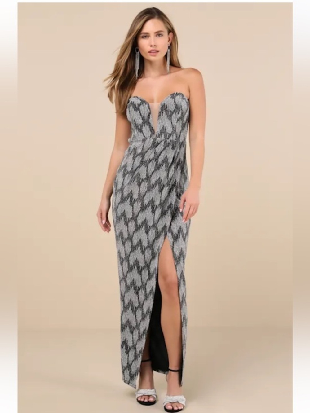 NWT Lulus Shimmering RSVP Shiny Silver Lurex Strapless Maxi Dress
